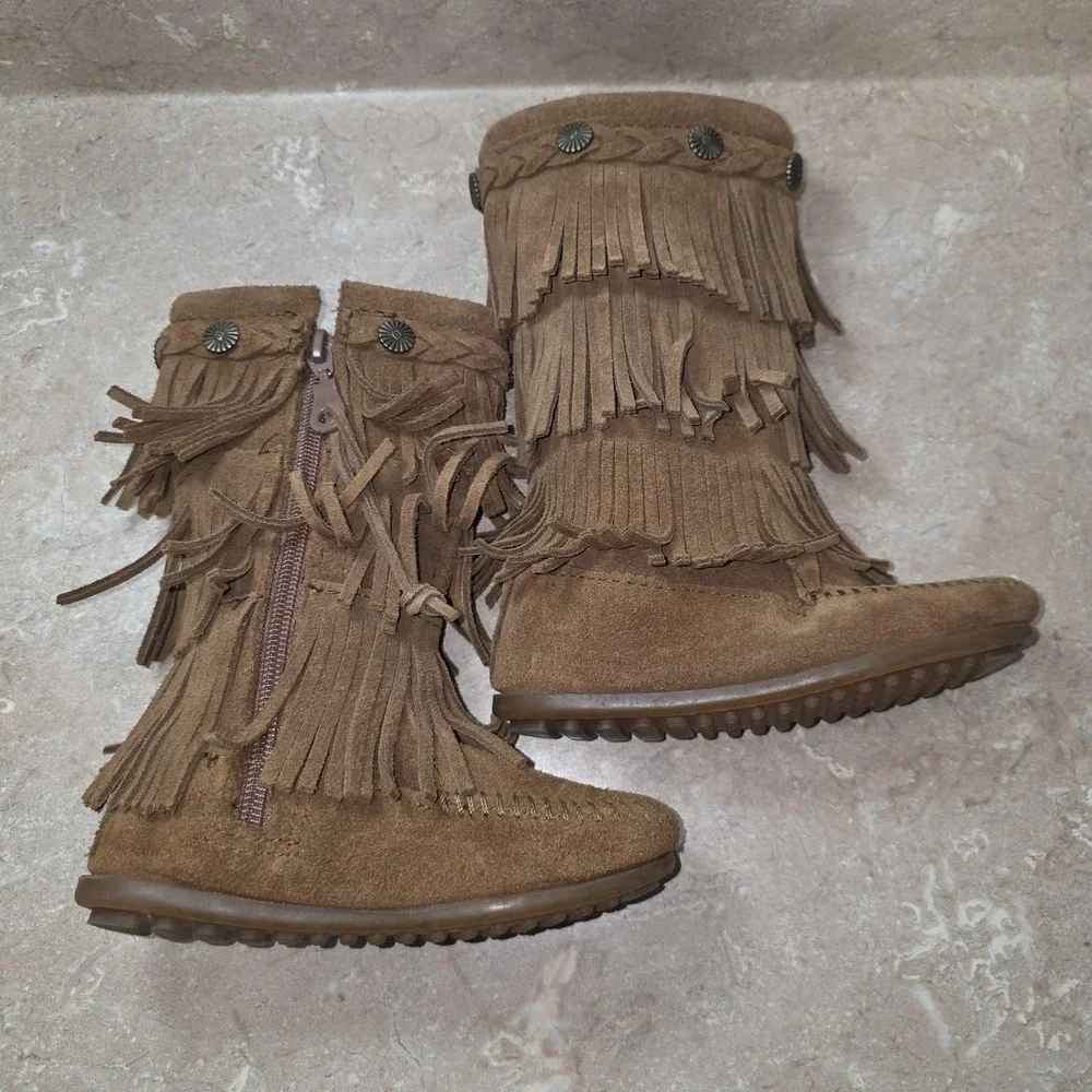 Minnetonka Fringe Boots Girls 8 Brown Suede 3 Layer Western Tall Zip Moccasin
